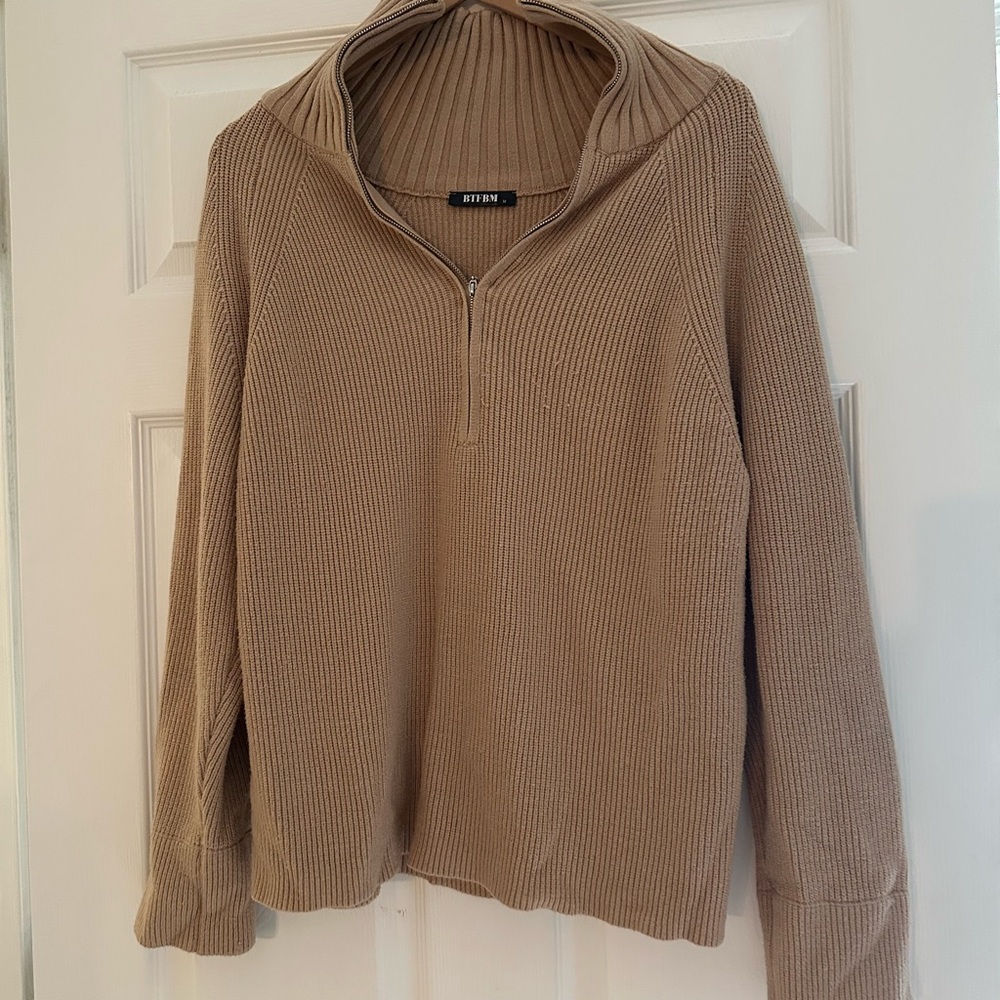Tan Ribbed Half-Zip Sweater